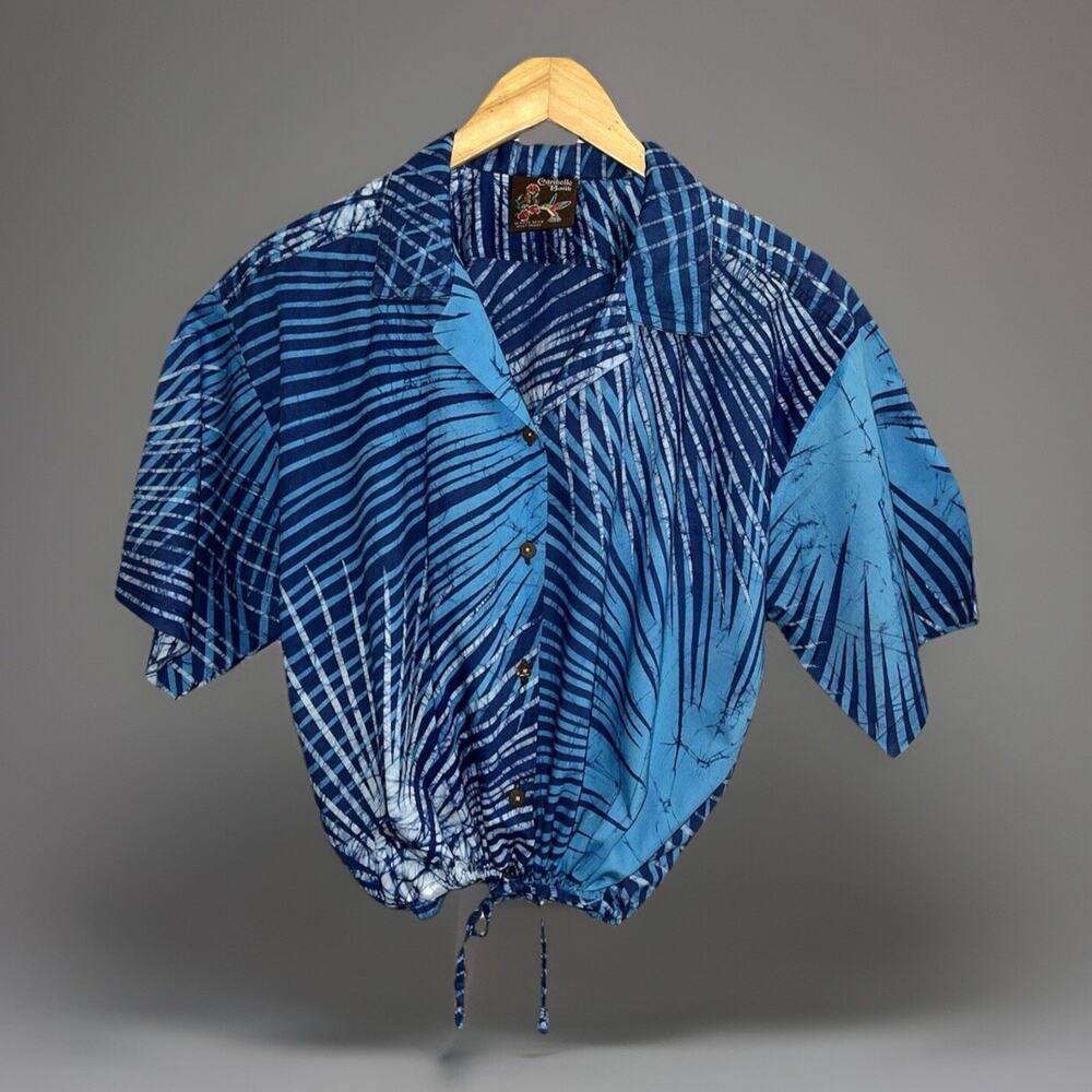 Vtg Caribelle Batik Top Shirt Blue Tropical Tie Dye St. Kitts Drawstring Waist S